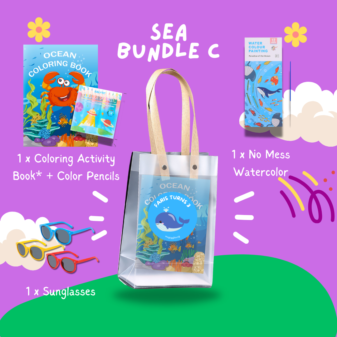 Fun with Colors Sea Bundle C kids party goodie bag with ocean coloring book, color pencils, no-mess watercolor, and sunglasses