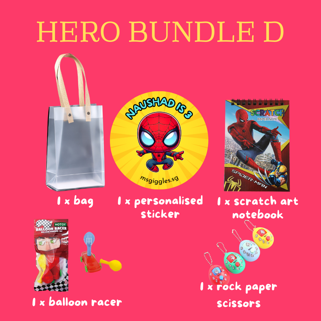 Scratch Art Party Pack with prepacked goodie bag, scratch art notepad, toys, and personalized sticker for kids' parties.