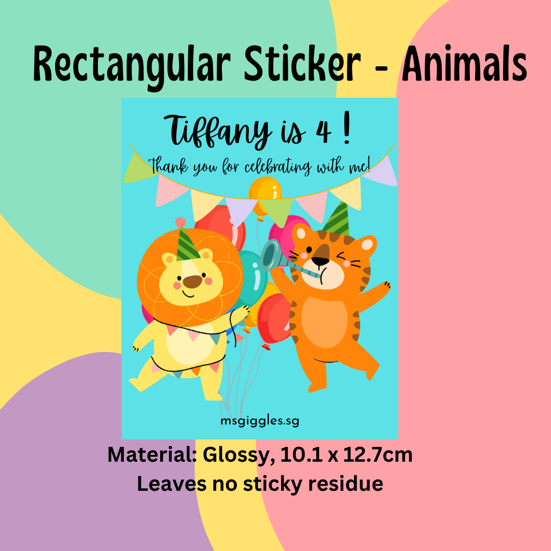 Rectangular animal-themed sticker for birthdays, personalized message option, 10.1 x 12.7cm.