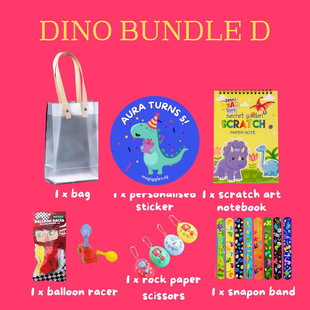 Scratch Art Party Pack with a tote bag, personalized sticker, scratch art notebook, balloon racer toy, rock paper scissors keychains, and snap-on bands in a dinosaur theme