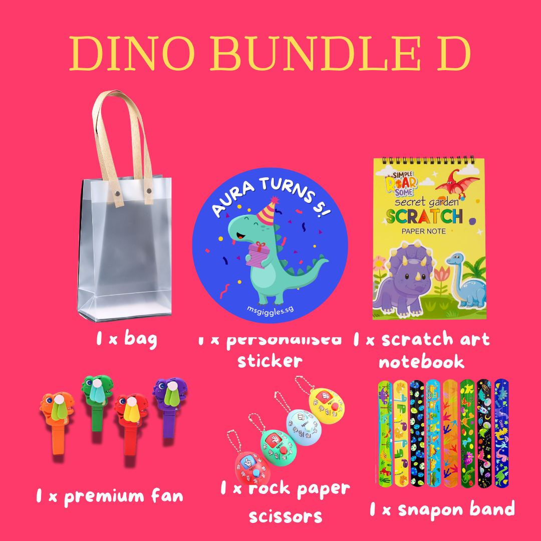 Scratch Art Party Pack with personalized sticker, scratch art notebook, premium fans, rock paper scissors, snap-on bands, and clear party bag