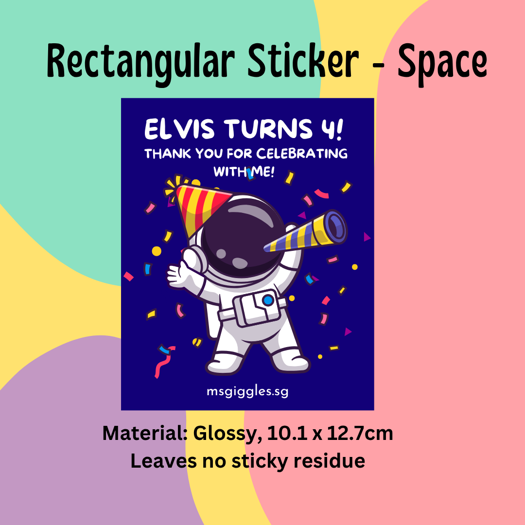 Rectangular sticker with space theme featuring astronaut, customizable message, glossy material, MsGiggles branding.