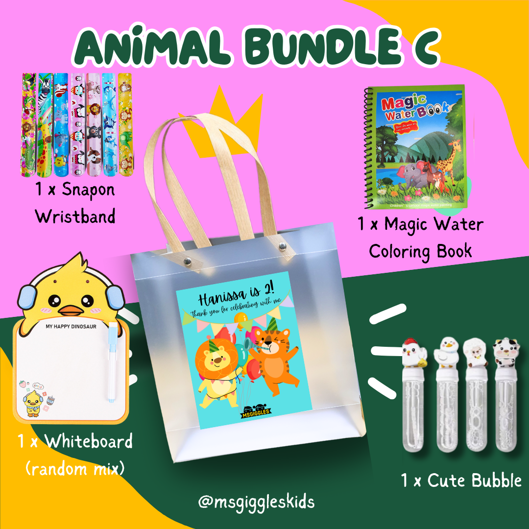 Kids goodie bags with magic water coloring book, snap-on wristband, whiteboard, and cute bubbles in an animal-themed party pack