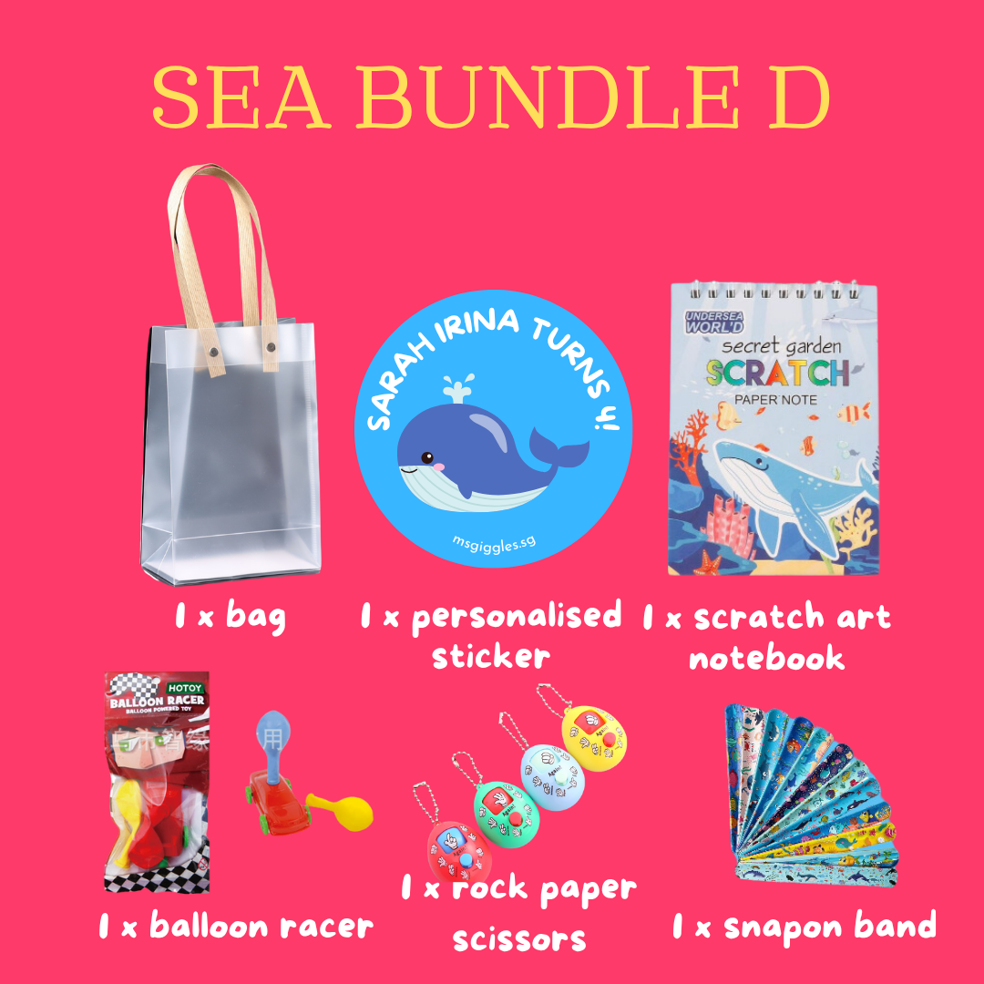 Scratch Art Party Pack with personalized sticker, scratch art notebook, balloon racer, rock paper scissors keychains, snap-on bands, and a tote bag in a colorful party favor set