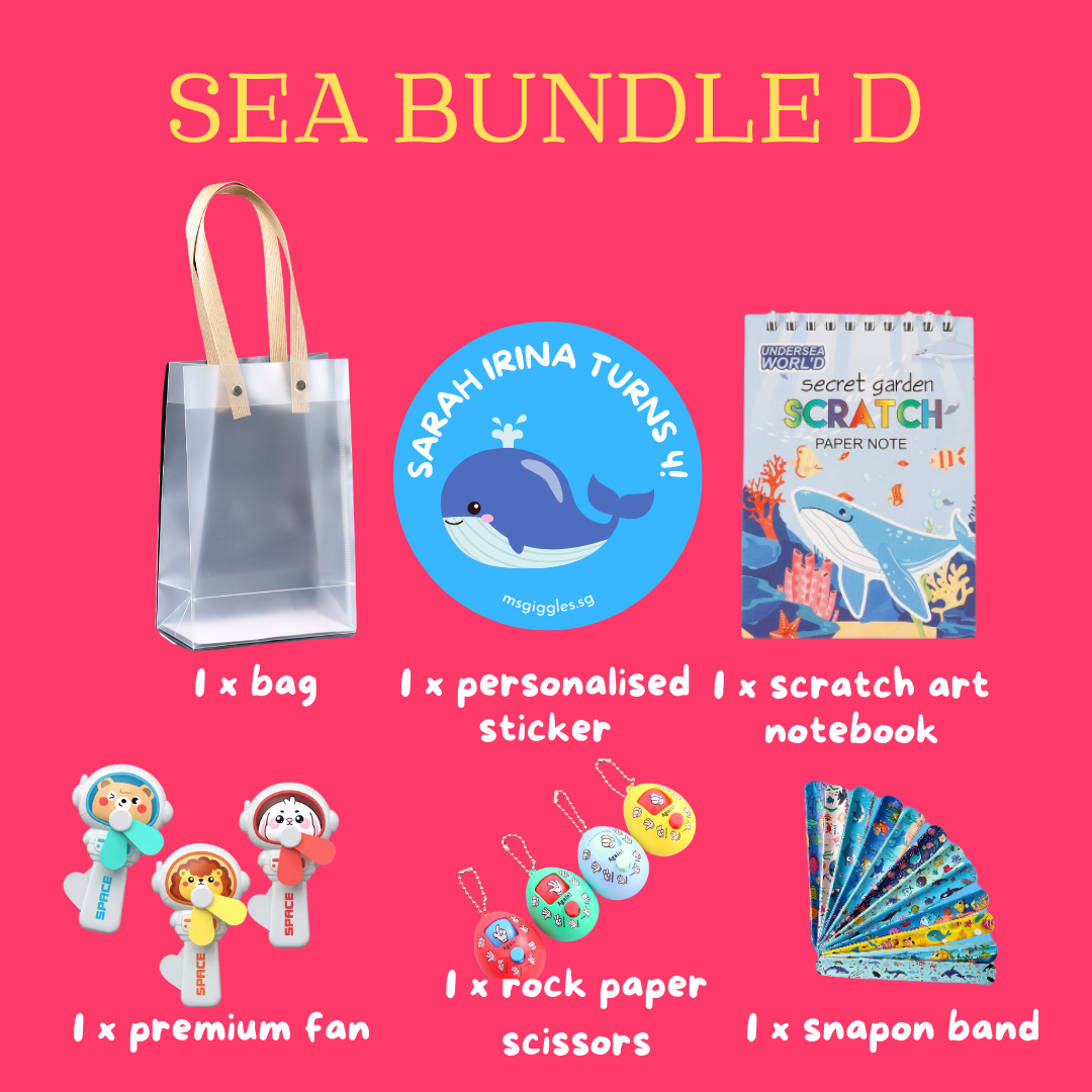 Scratch Art Party Pack goodie bag with personalized sticker, scratch art notebook, fan, rock paper scissors, snap-on band, and transparent bag on pink background