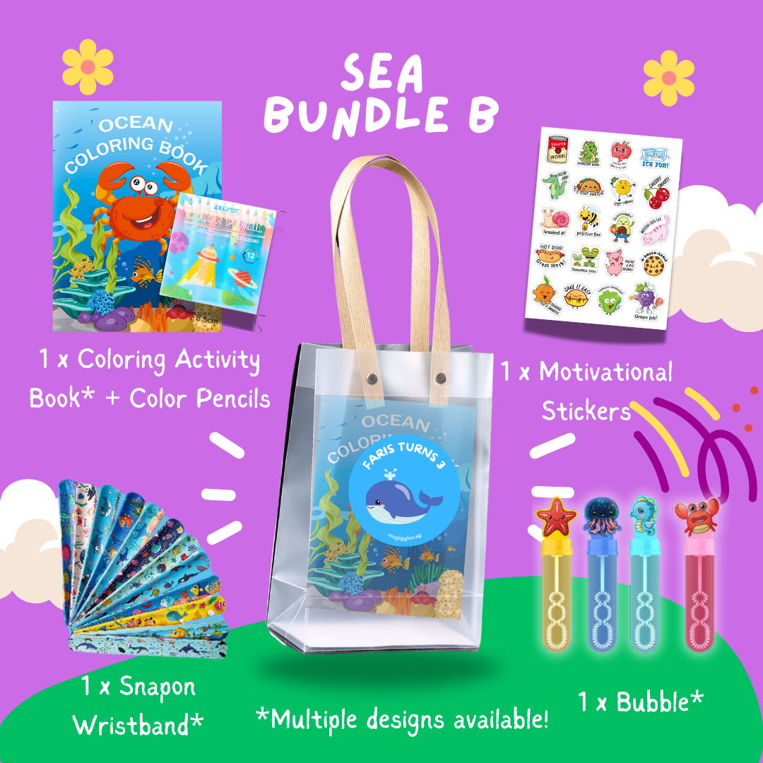 Fun with Colors Party Pack Sea Bundle B with ocean-themed coloring book, color pencils, motivational stickers, snap-on wristband, and bubble wand in clear gift bag