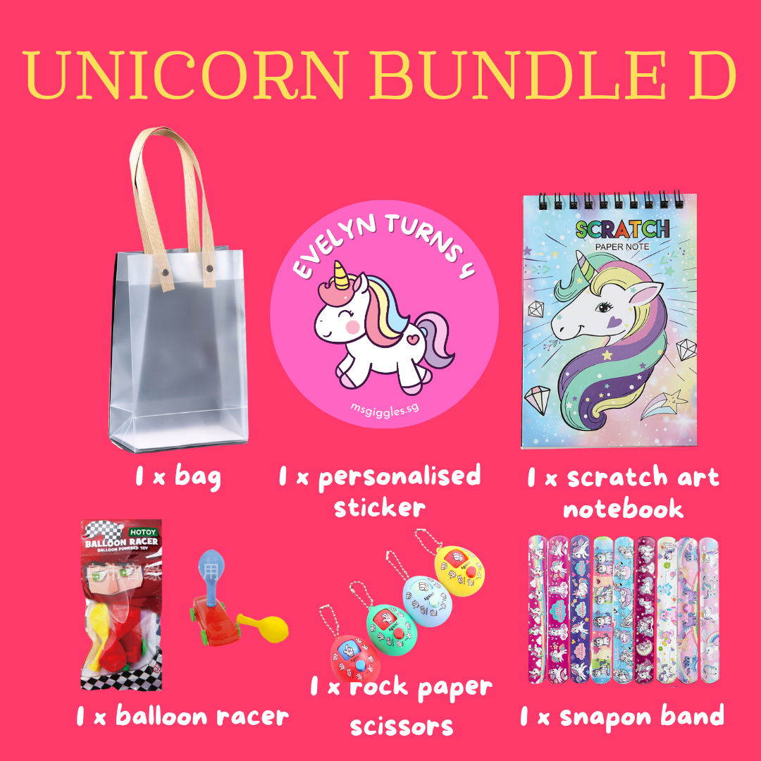 Scratch Art Party Pack unicorn-themed goodie bag with personalized sticker, scratch art notebook, balloon racer toy, rock paper scissors keychains, and snap on bands.