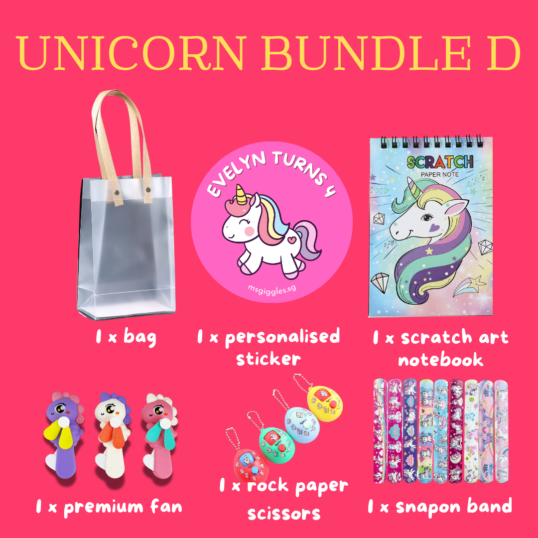 Scratch Art Party Pack with unicorn notebook, personalized sticker, premium fan, rock paper scissors toy, snap-on bands, and party bag on pink background