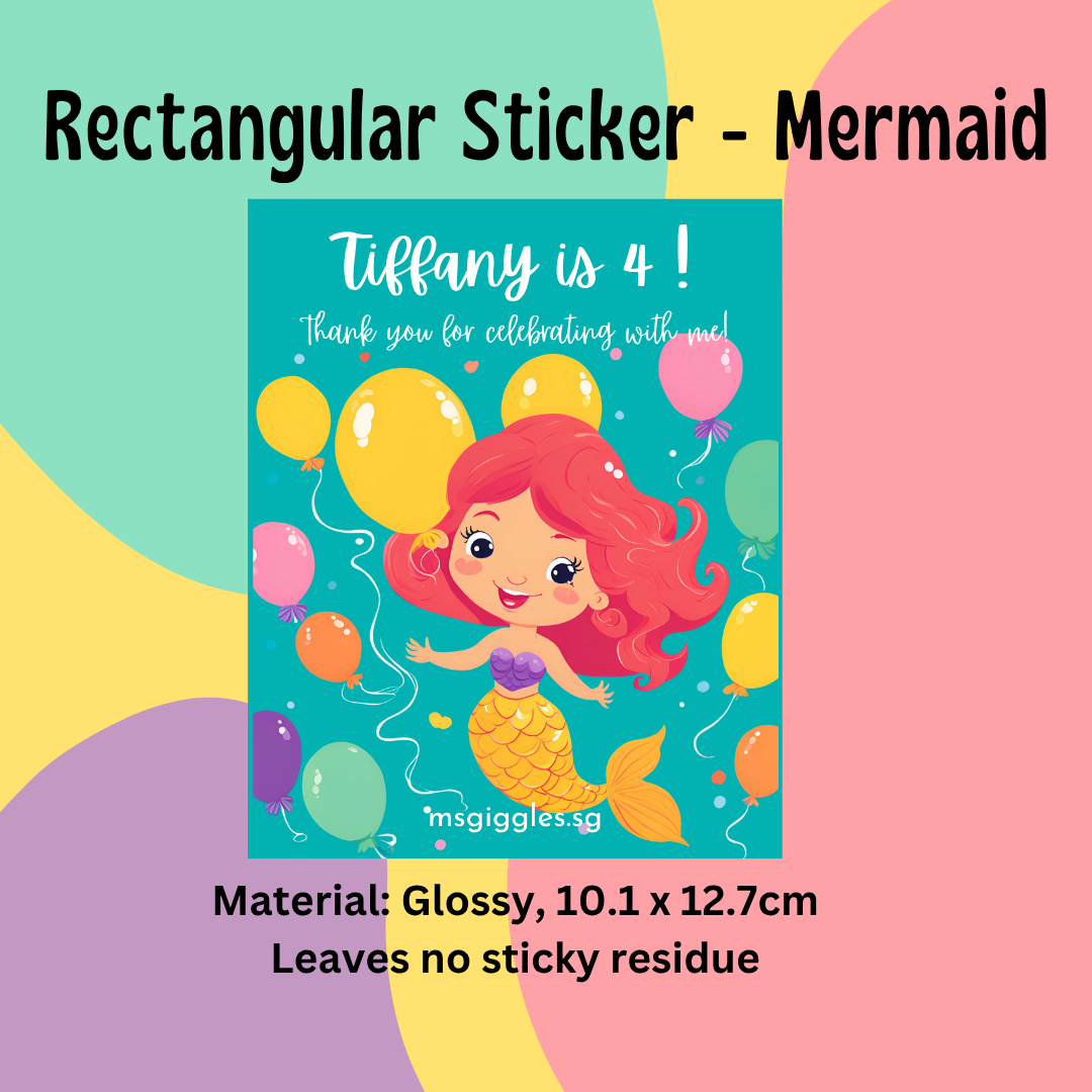 Rectangular mermaid sticker with colorful balloons and text "Tiffany is 4!" on a glossy 10.1 x 12.7cm material. Ideal for personalized gift tags and stickers.