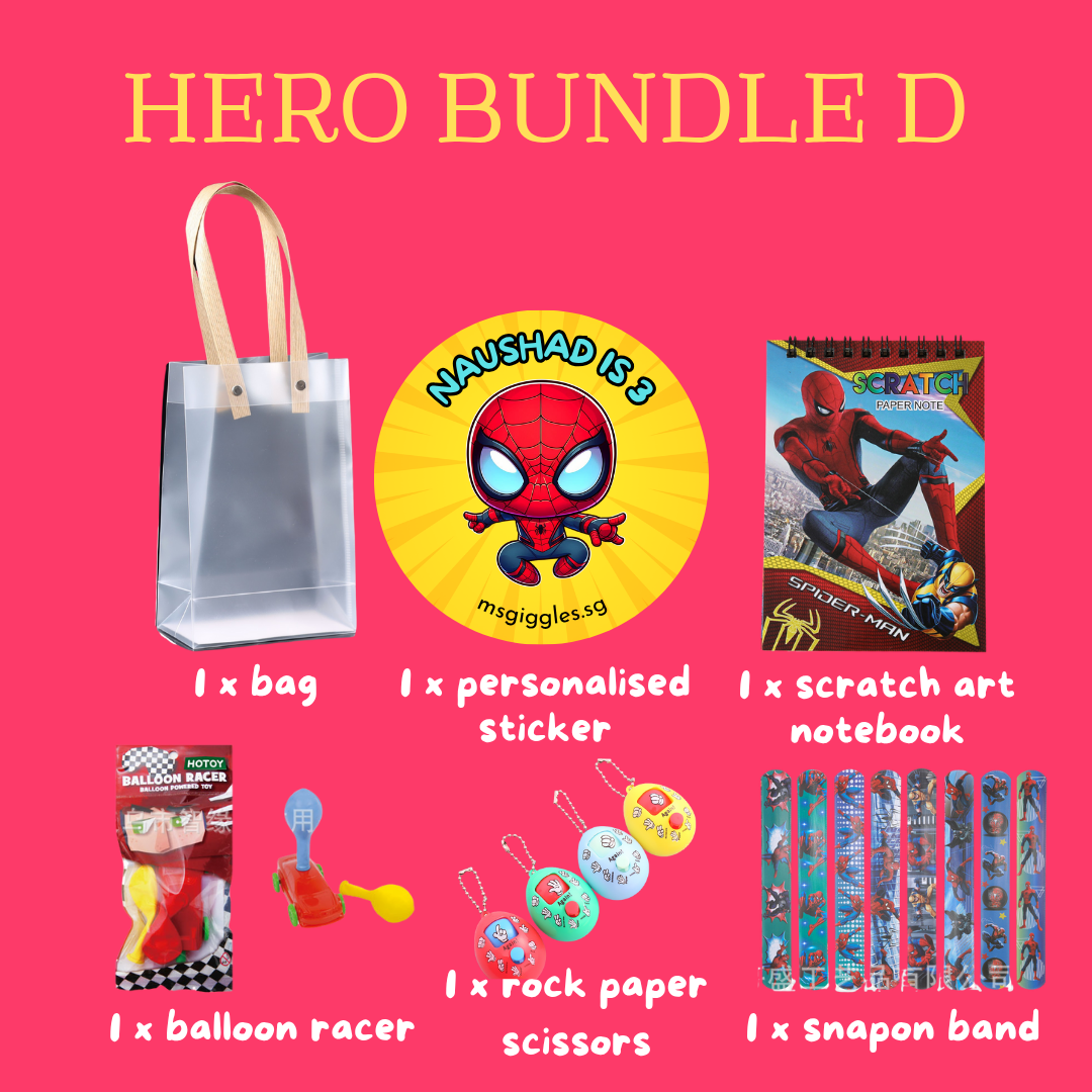 Scratch Art Party Pack with personalized sticker, scratch art notebook, balloon racer toy, rock paper scissors keychains, snap-on bands, and gift bag.