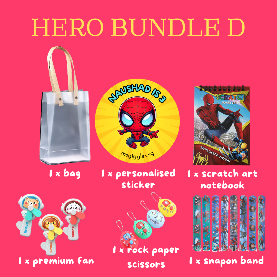 Scratch Art Party Pack with themed goodie bag, personalized sticker, Spider-Man scratch art notebook, premium fan, rock paper scissors toy, and snap-on band