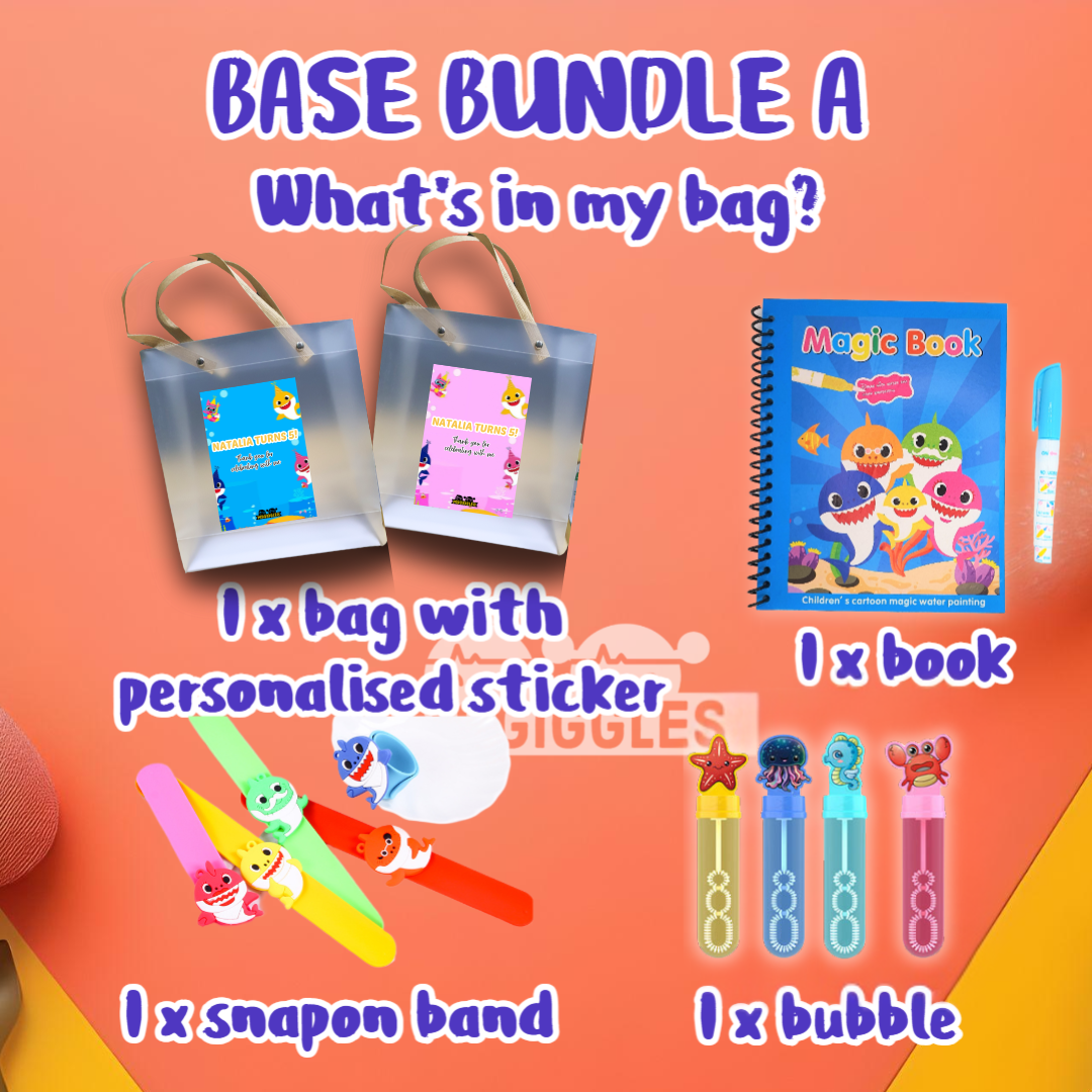 Baby Shark themed goodie bag bundle with personalized sticker, magic coloring book, slap bracelet, and bubbles for kids party favors