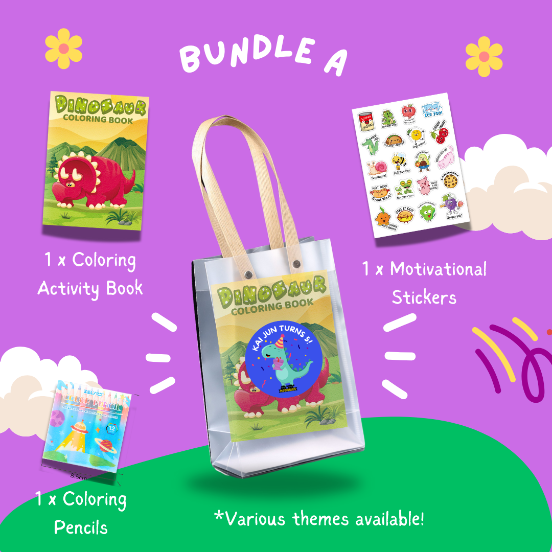 Fun with Colors Party Pack Bundle A featuring colorful activity book, pencils, motivational stickers, and a reusable tote bag for kids.