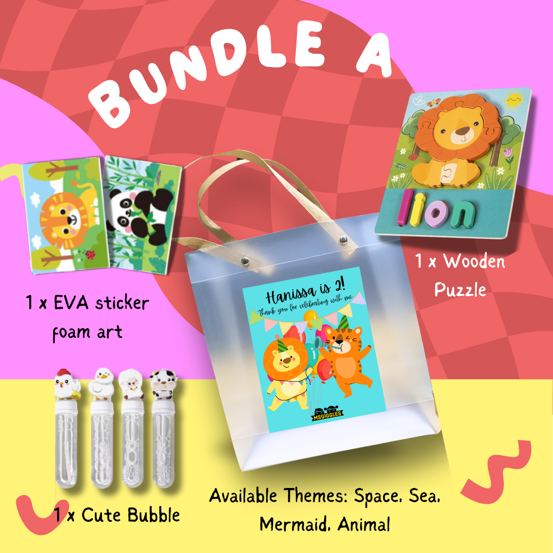 Montessori Puzzle Party Pack kids goodie bag with wooden puzzle, EVA sticker foam art, cute bubbles, and themed packaging