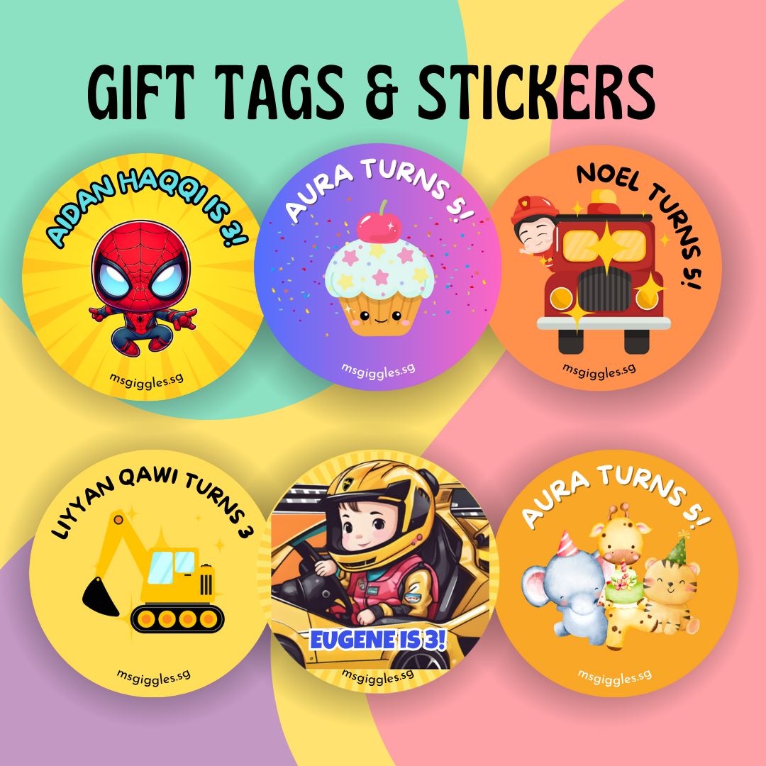 Gift tags and stickers with customizable messages and vibrant designs.