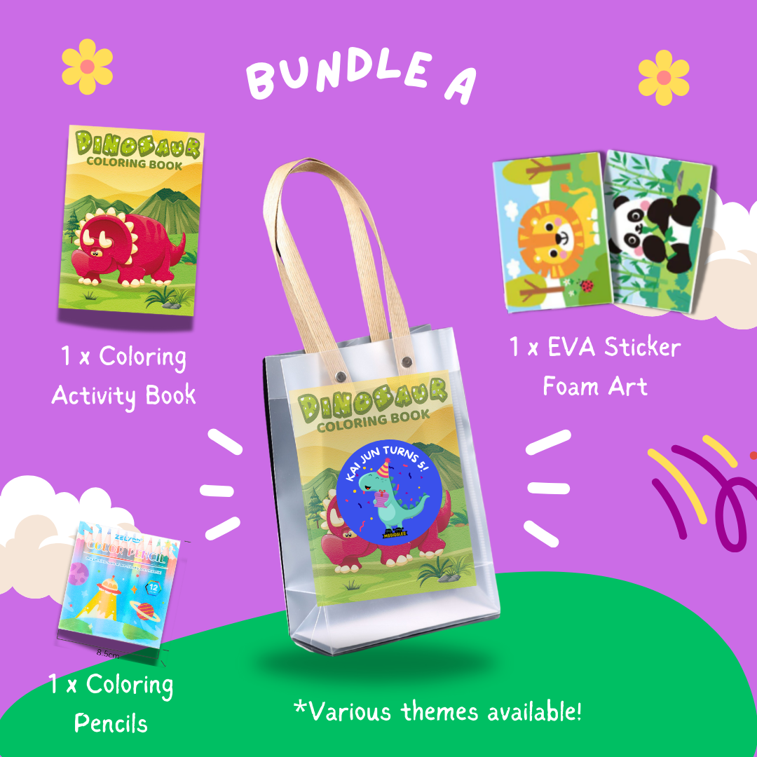 Fun with Colors Bundle A kids party pack with dinosaur coloring book, coloring pencils, foam art stickers, and clear goodie bag
