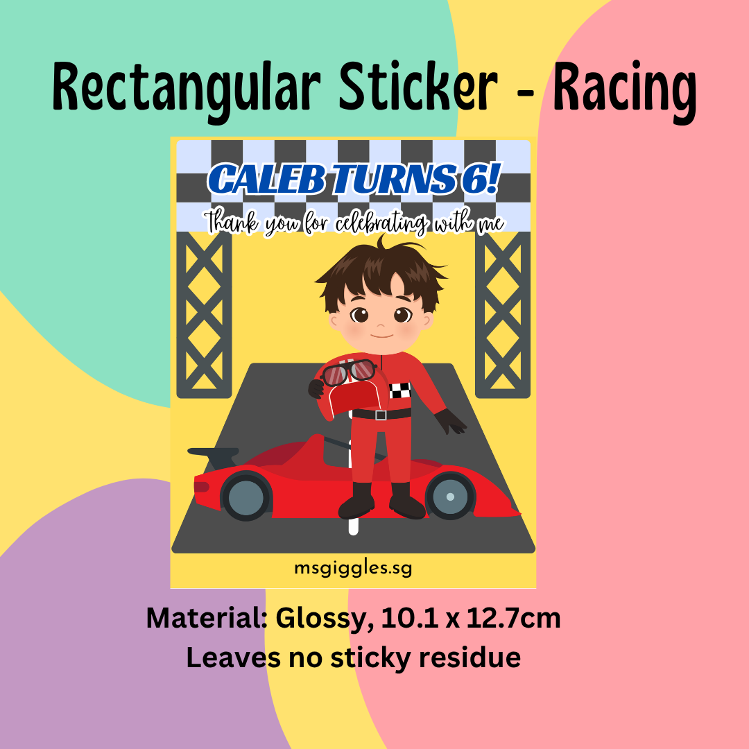 Rectangular racing-themed sticker with personalized message "Caleb turns 6," featuring a cartoon character in a race suit, glossy finish, size 10.1 x 12.7cm.