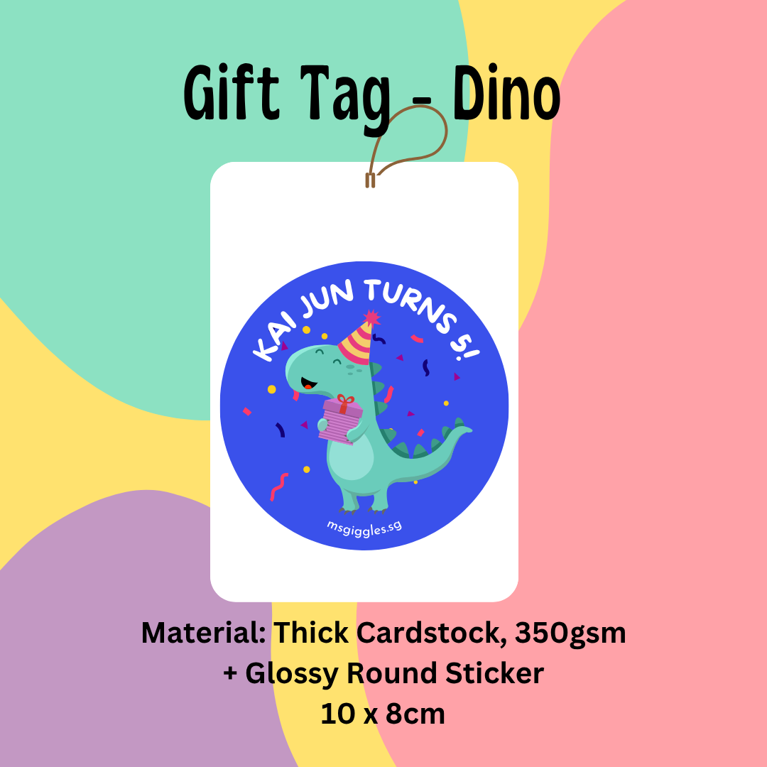 Gift tags and stickers featuring a personalized dinosaur design for celebrations, 10 x 8cm.