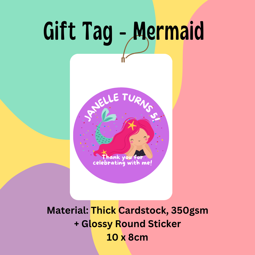 Gift tag with mermaid design and personalized message on thick cardstock, 10x8cm.