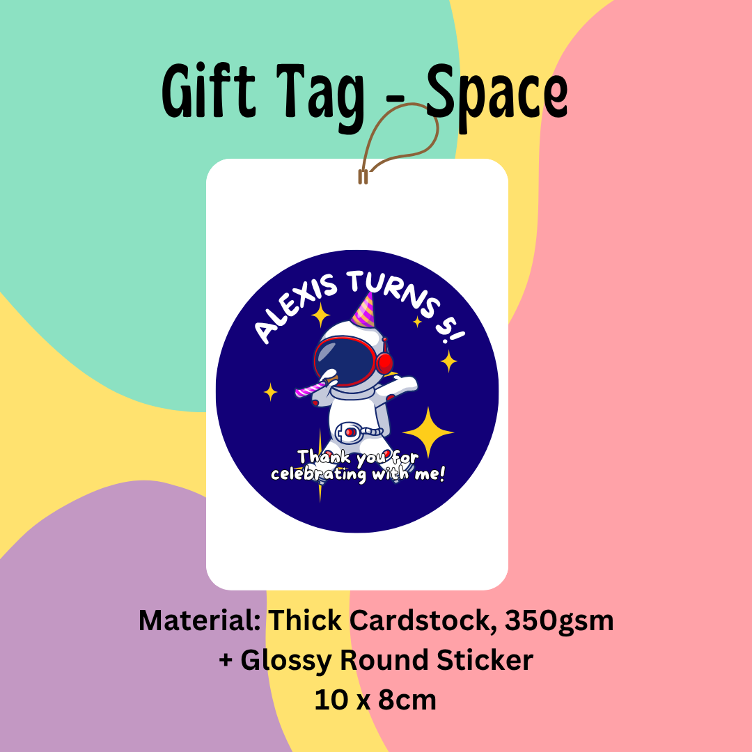 Gift tag with space theme, personalized message "Alexis turns 5!", thick cardstock, 10 x 8cm, glossy round sticker.