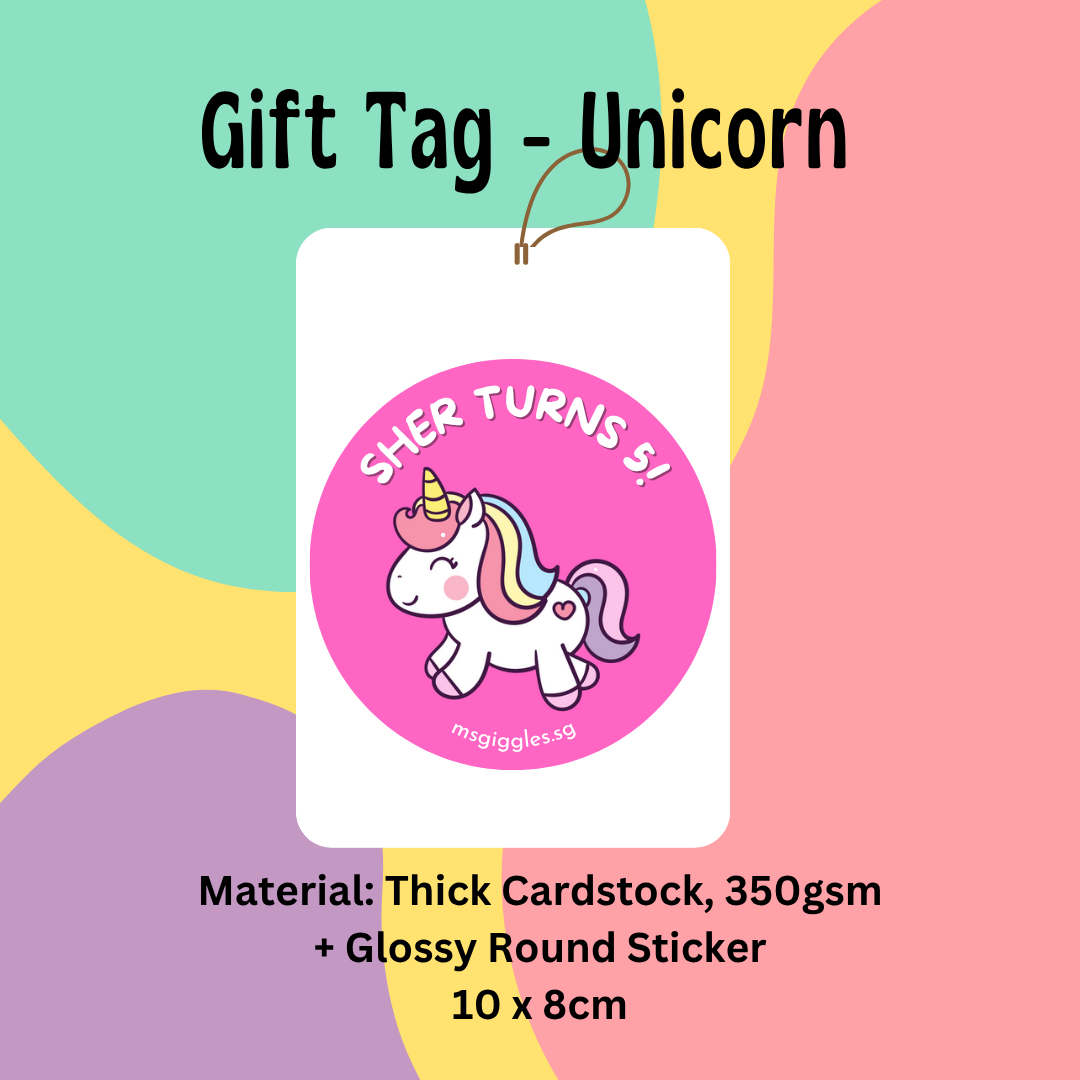 Gift tags and stickers with unicorn design, customizable message, 10x8cm size.