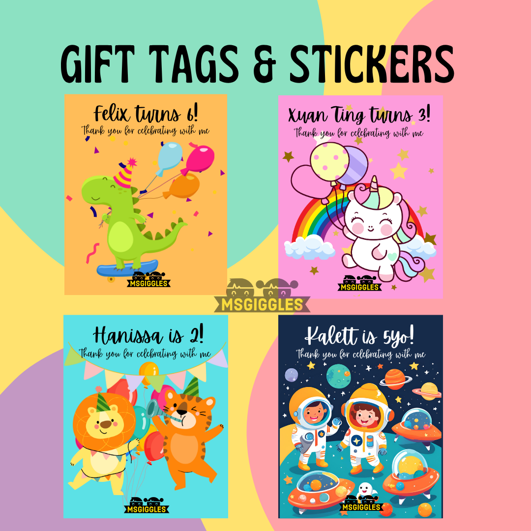 Gift tags and stickers with personalized messages and colorful designs.