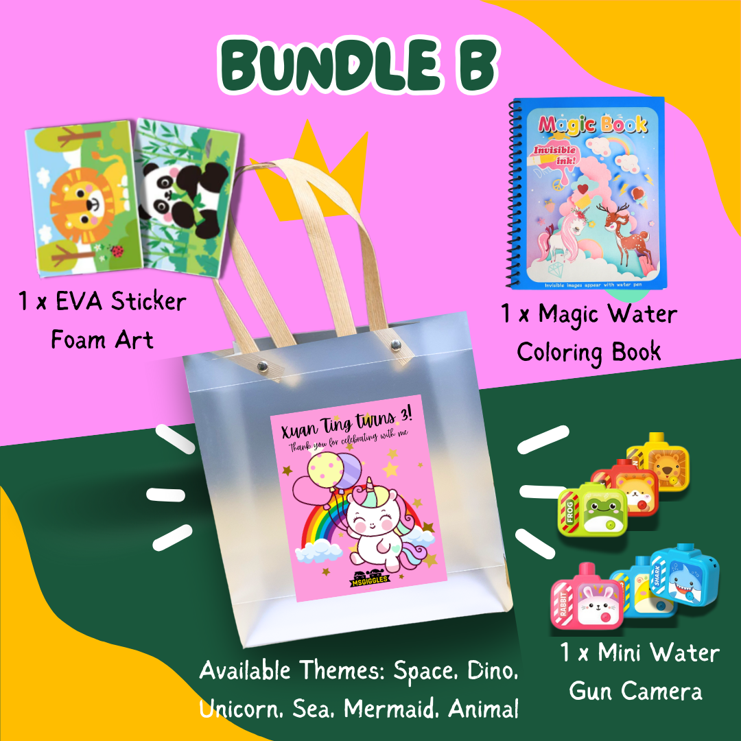 Kids goodie bags with EVA foam sticker art, magic water coloring book, and mini water gun camera in a themed party pack bag