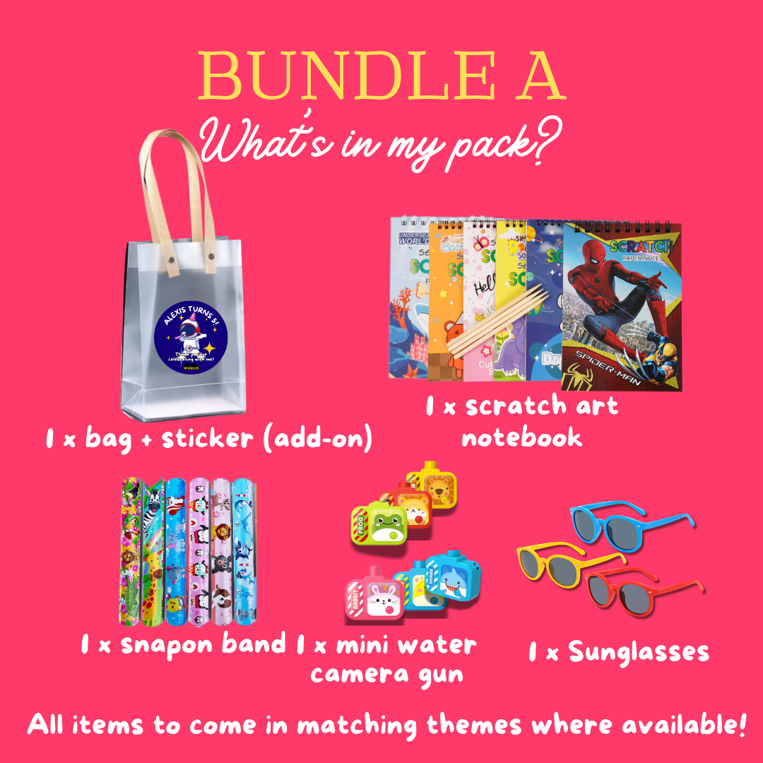 Scratch Art Party Pack with themed scratch art notebook, goodie bag with sticker, snap-on band, mini water camera gun, and colorful sunglasses.