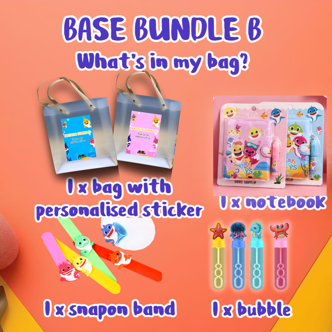 Baby Shark themed goodie bag bundle with personalized sticker, snap-on band, bubble, and notebook for kids parties