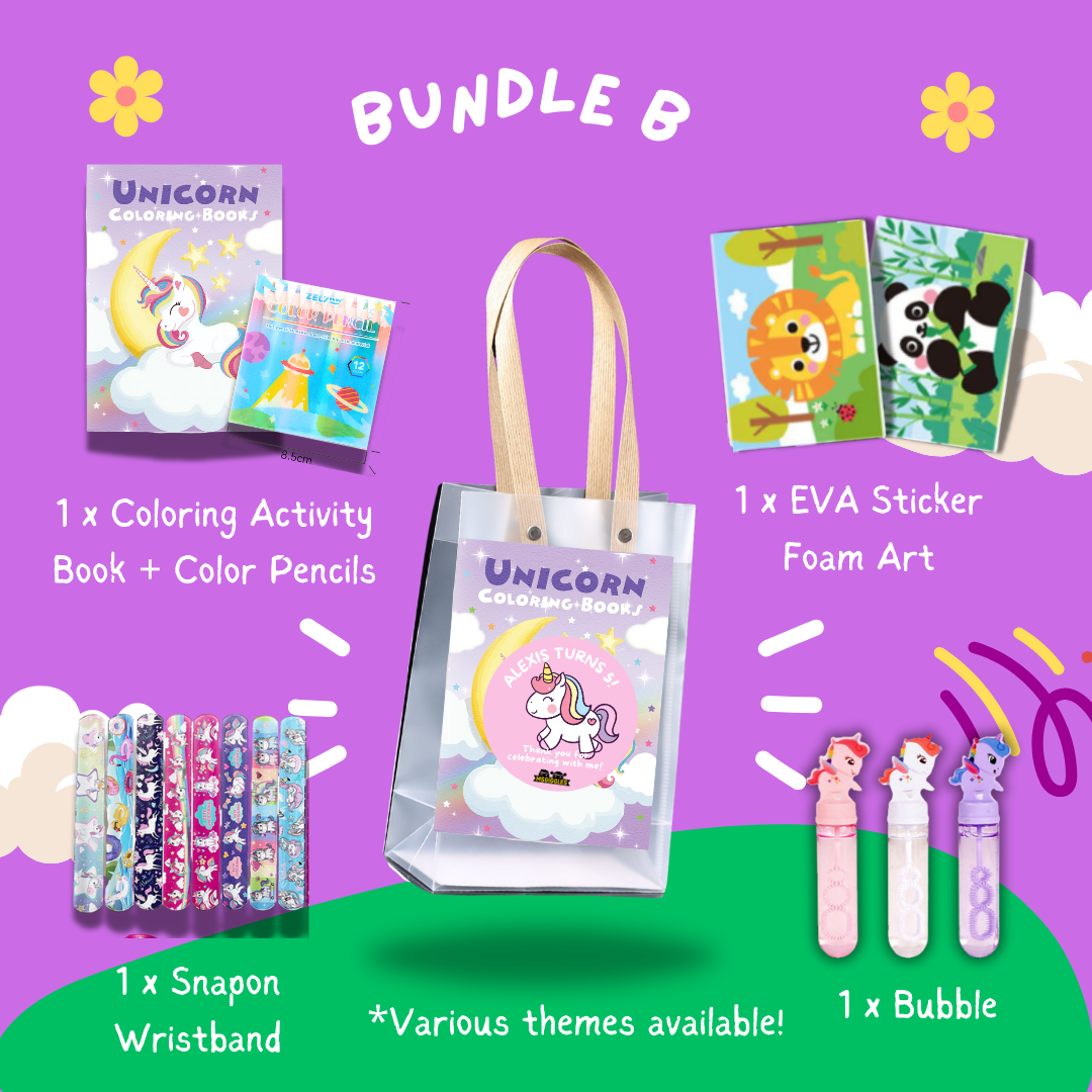 Fun with Colors party pack Bundle B with coloring book, color pencils, snap-on wristband, EVA stickers, and bubble wand in a clear tote bag