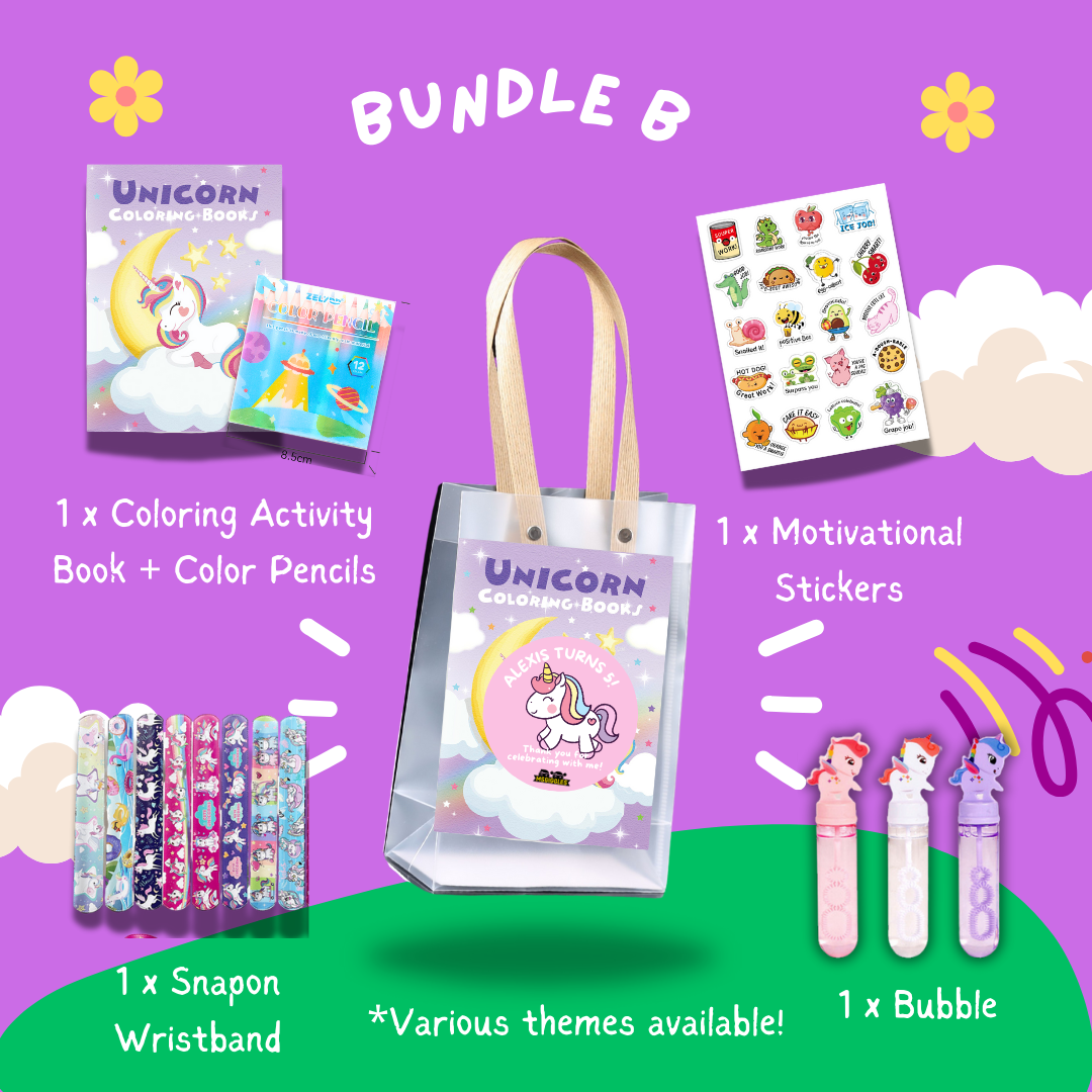 Fun with Colors Party Pack Bundle B with coloring book, stickers, snap-on wristband, and bubble wand.