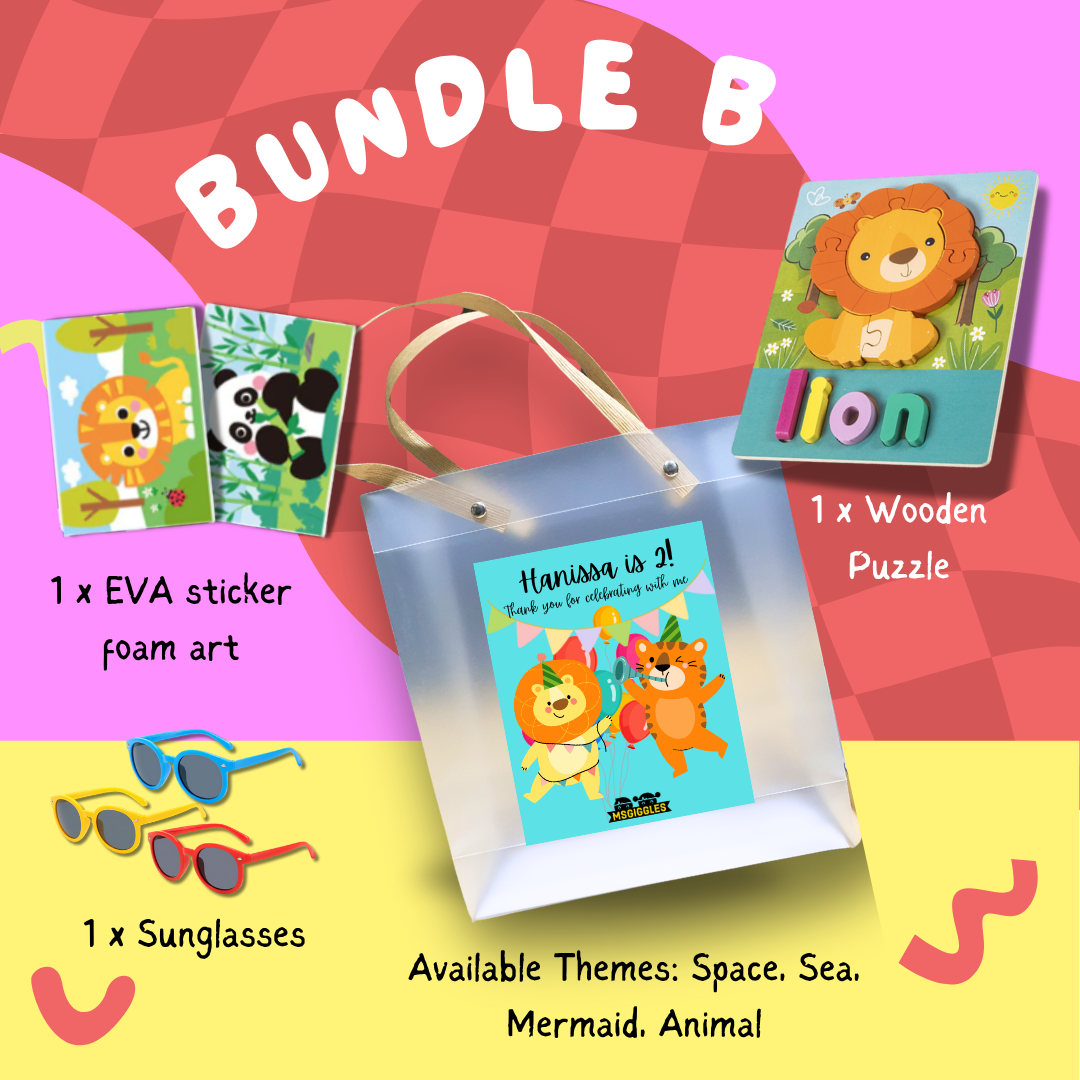 Montessori Puzzle Party Pack kids goodie bag with wooden puzzle, EVA sticker foam art, sunglasses, and customizable themes