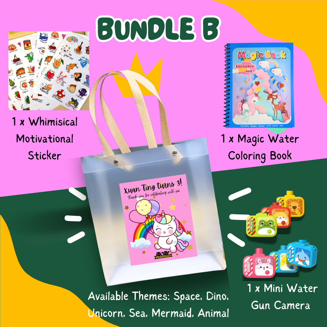 Kids goodie bags bundle with magic water coloring book, whimsical stickers, and mini water gun camera in themed gift bag