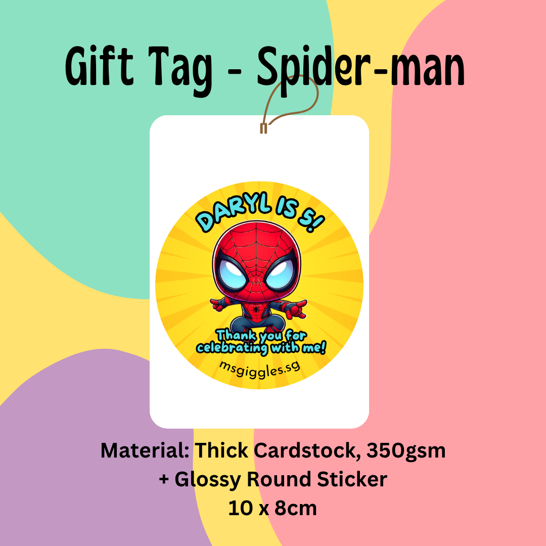 Gift tags and stickers featuring customizable Spider-man design with "Daryl is 5!" message, 10 x 8cm, durable cardstock material.