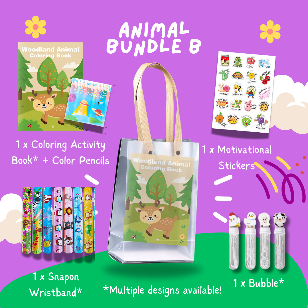 Fun with Colors Party Pack Bundle B with Woodland Animal Coloring Book, color pencils, motivational stickers, snap-on wristband, and bubble wand in a clear tote bag.