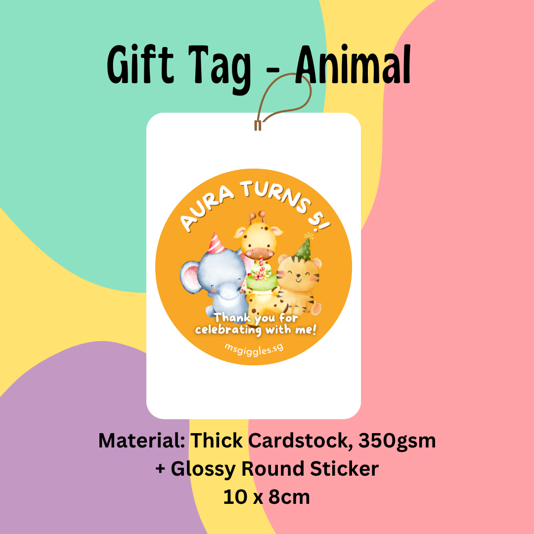 Gift tag with animal design, personalized message, and glossy round sticker attached.