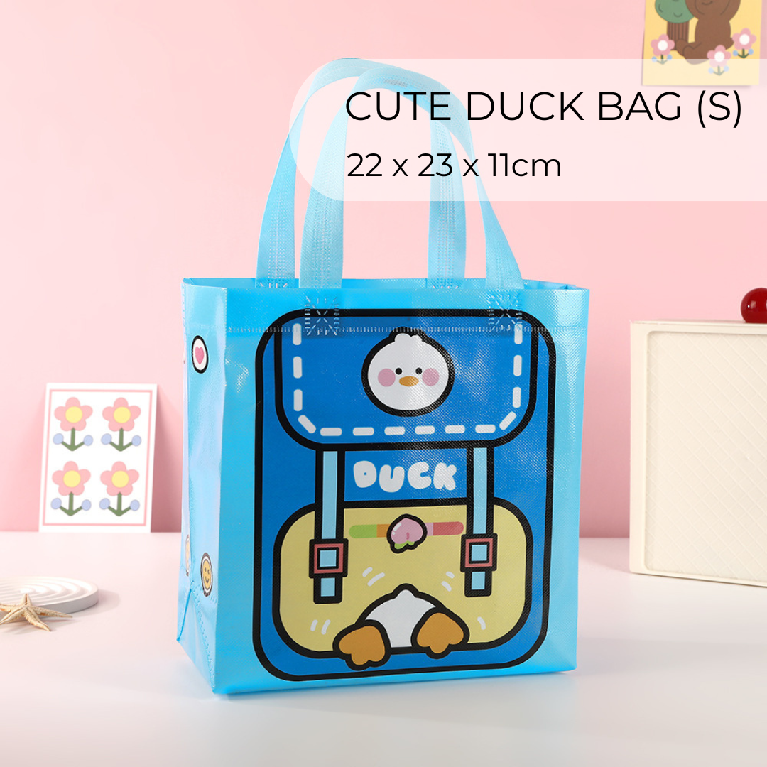Eco-friendly goodie bag with cute duck design, small size 22x23x11cm, non-woven, waterproof, reusable.