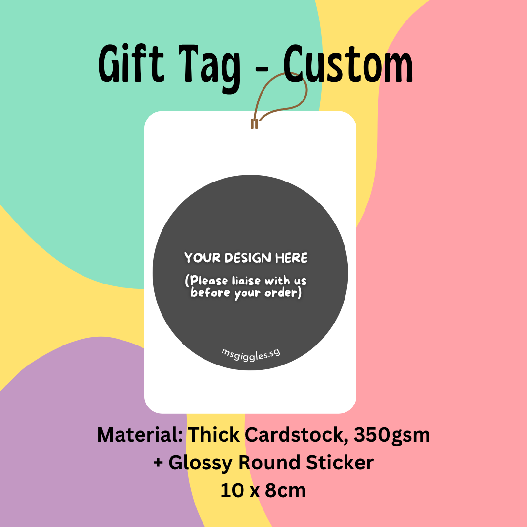Gift tags and stickers with personalized message options, 10x8cm gift tag displayed.