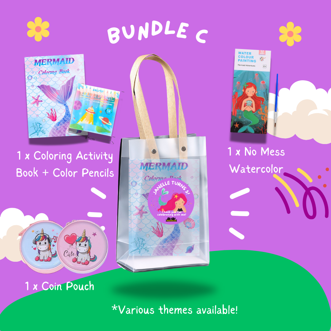 Fun with Colors Bundle C goodie bag with coloring activity book, color pencils, no-mess watercolor, and coin pouch shown in a vibrant display.