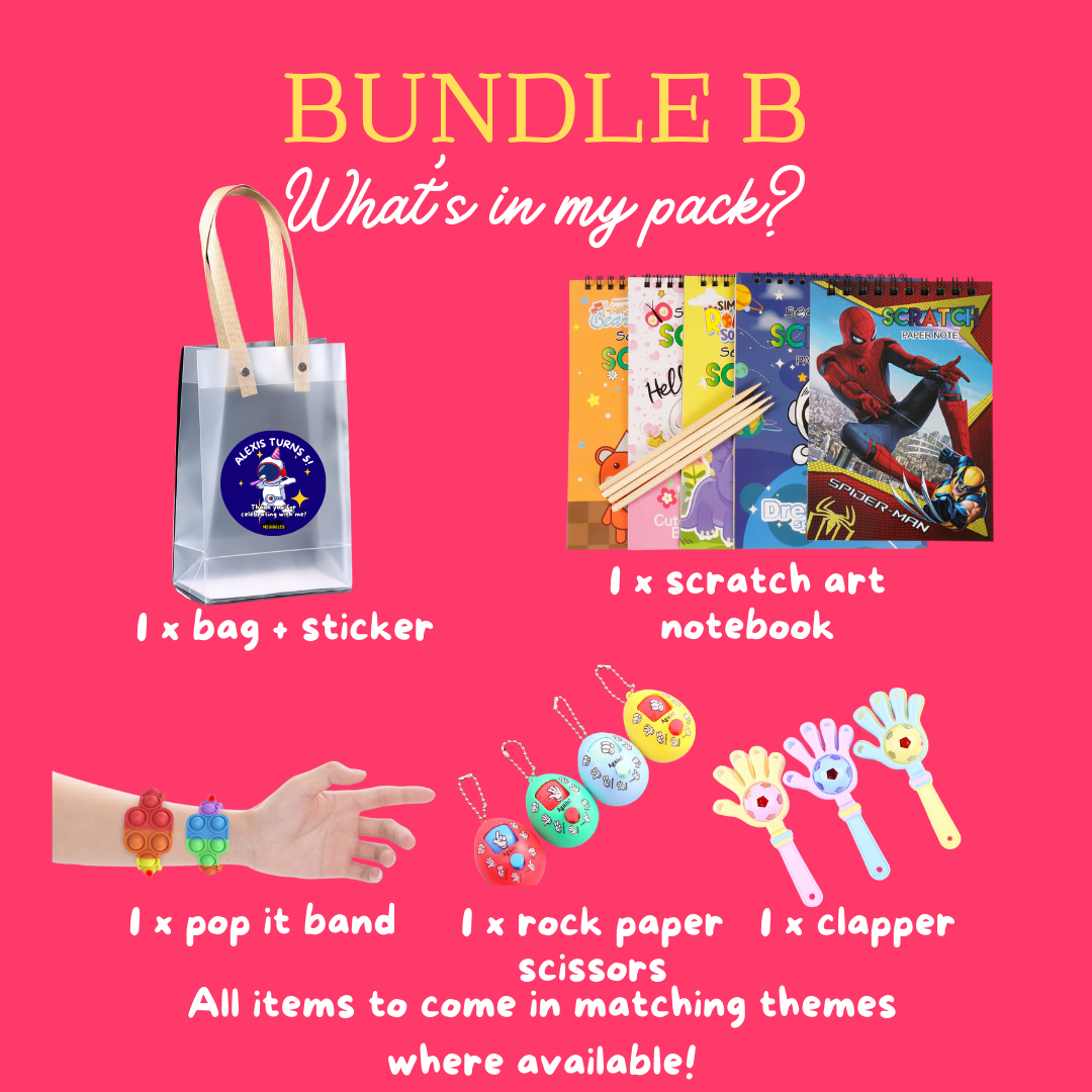 Scratch Art Party Pack with personalized sticker, includes scratch art notebook, toys, and pop it band. Perfect for kids' parties.