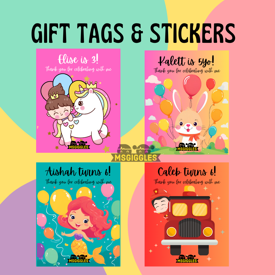 Gift tags and stickers with personalized messages, featuring colorful designs and characters.