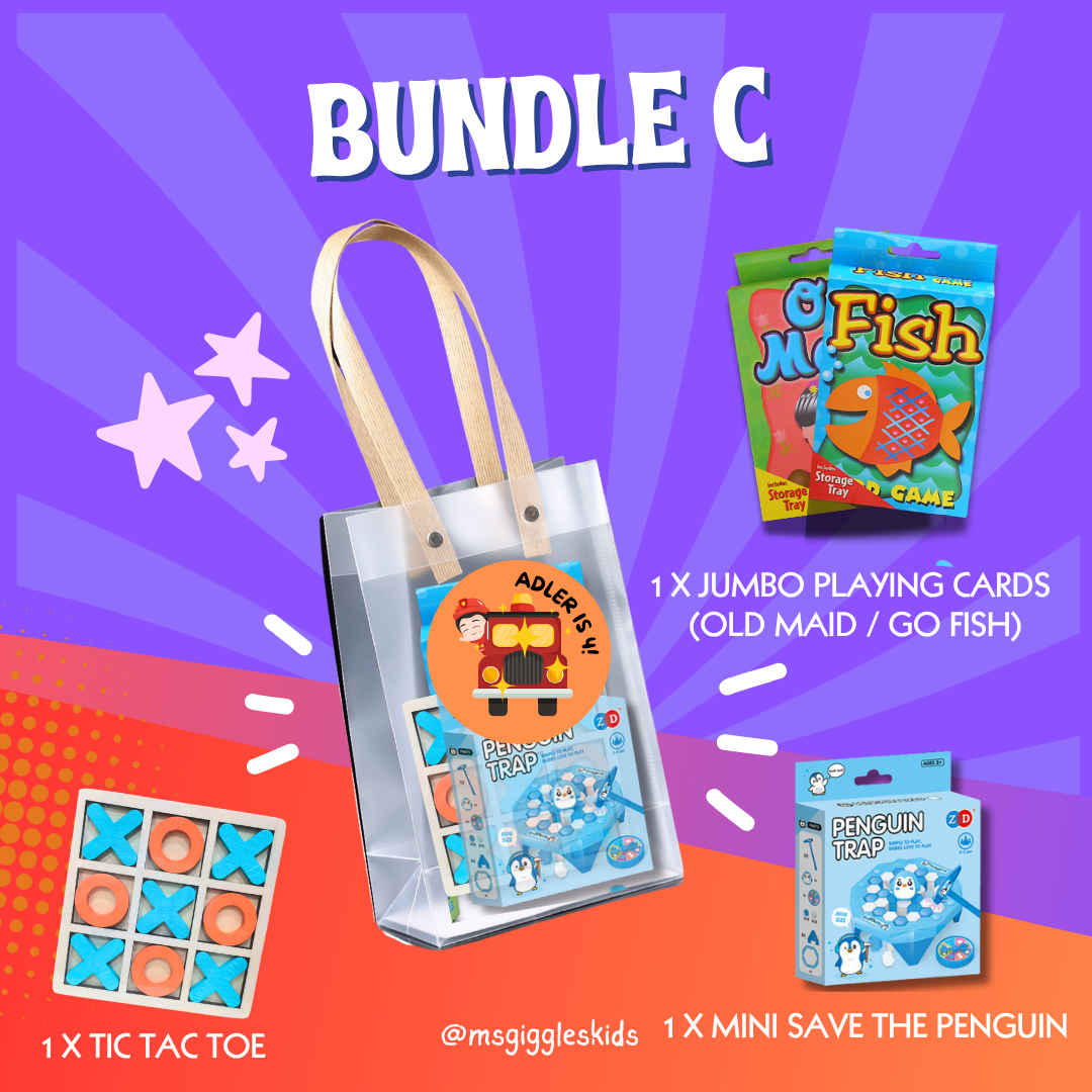 Challenge A Friend Party Pack with games and goodies for kids, including tic-tac-toe, playing cards, and Penguin Trap, in a clear bag.