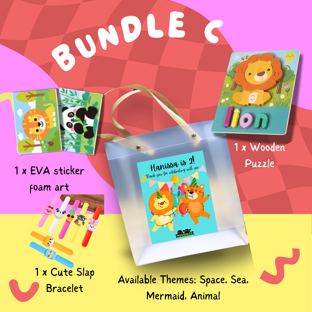 Montessori Puzzle Party Pack with wooden puzzle, EVA stickers, slap bracelet, themed kids goodie bag