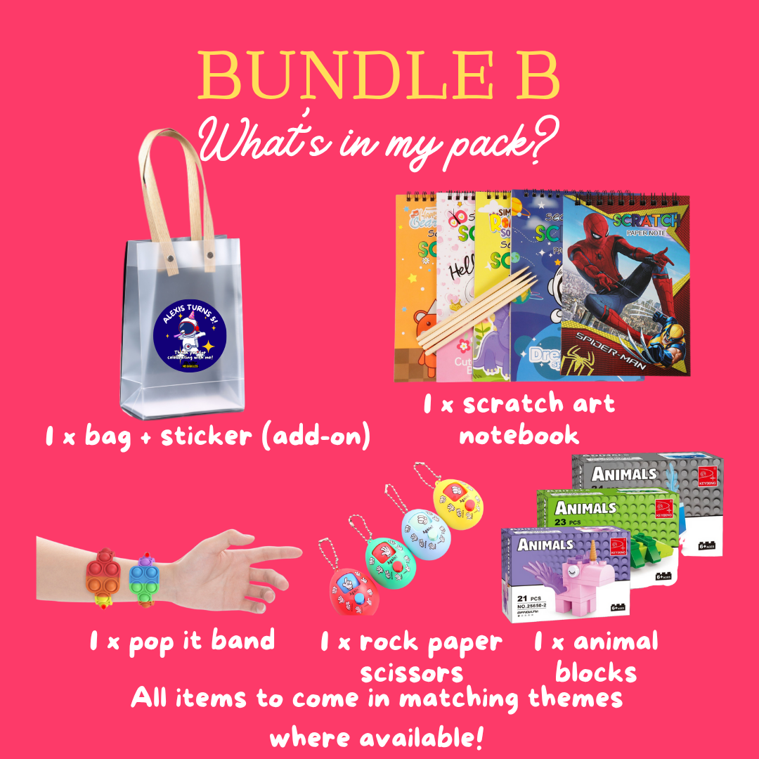 Scratch Art Party Pack with scratch art notebooks, pop it band, rock paper scissors, animal blocks, personalized sticker, and party goodie bag.