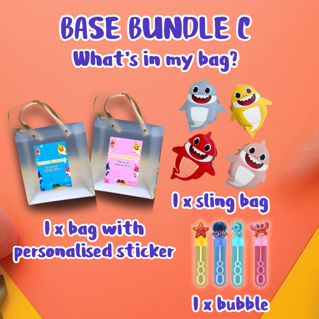 Baby Shark inspired goodie bag bundle with personalized sticker, sling bag, and bubble toy for kids parties