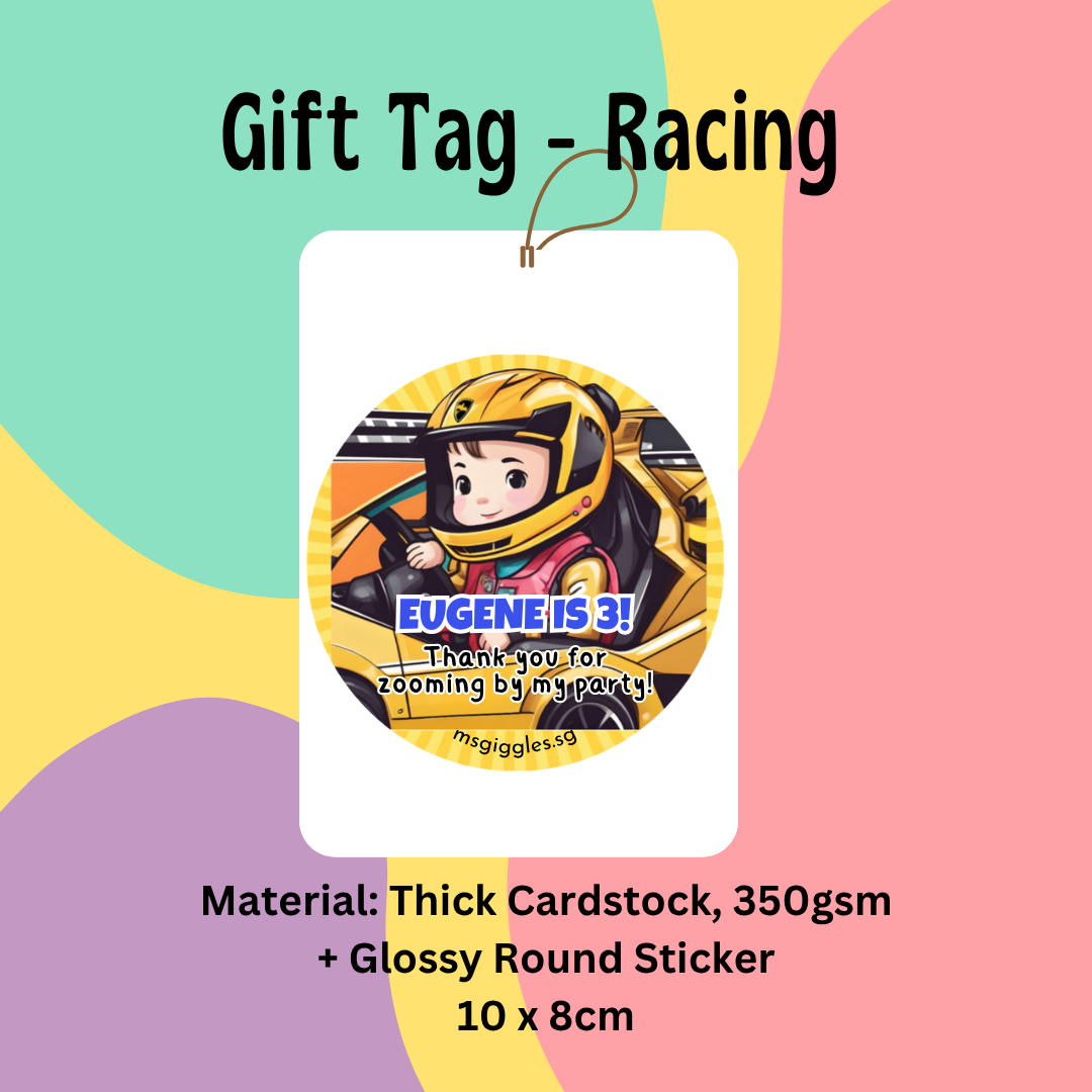 Gift tag with personalized message, racing theme, featuring colorful design and MsGiggles branding.