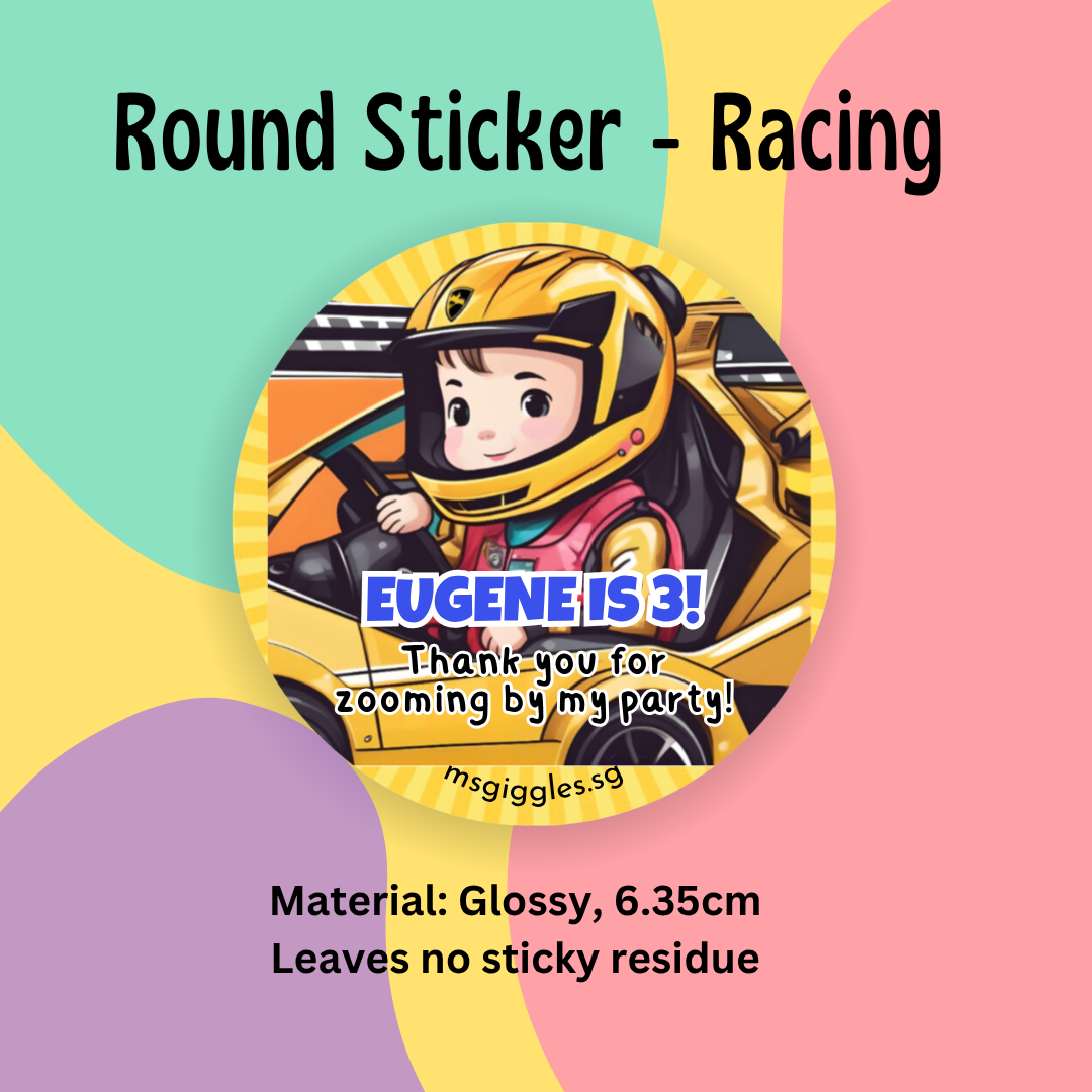 Round racing-themed gift sticker for personalized messages, 6.35cm, glossy finish.