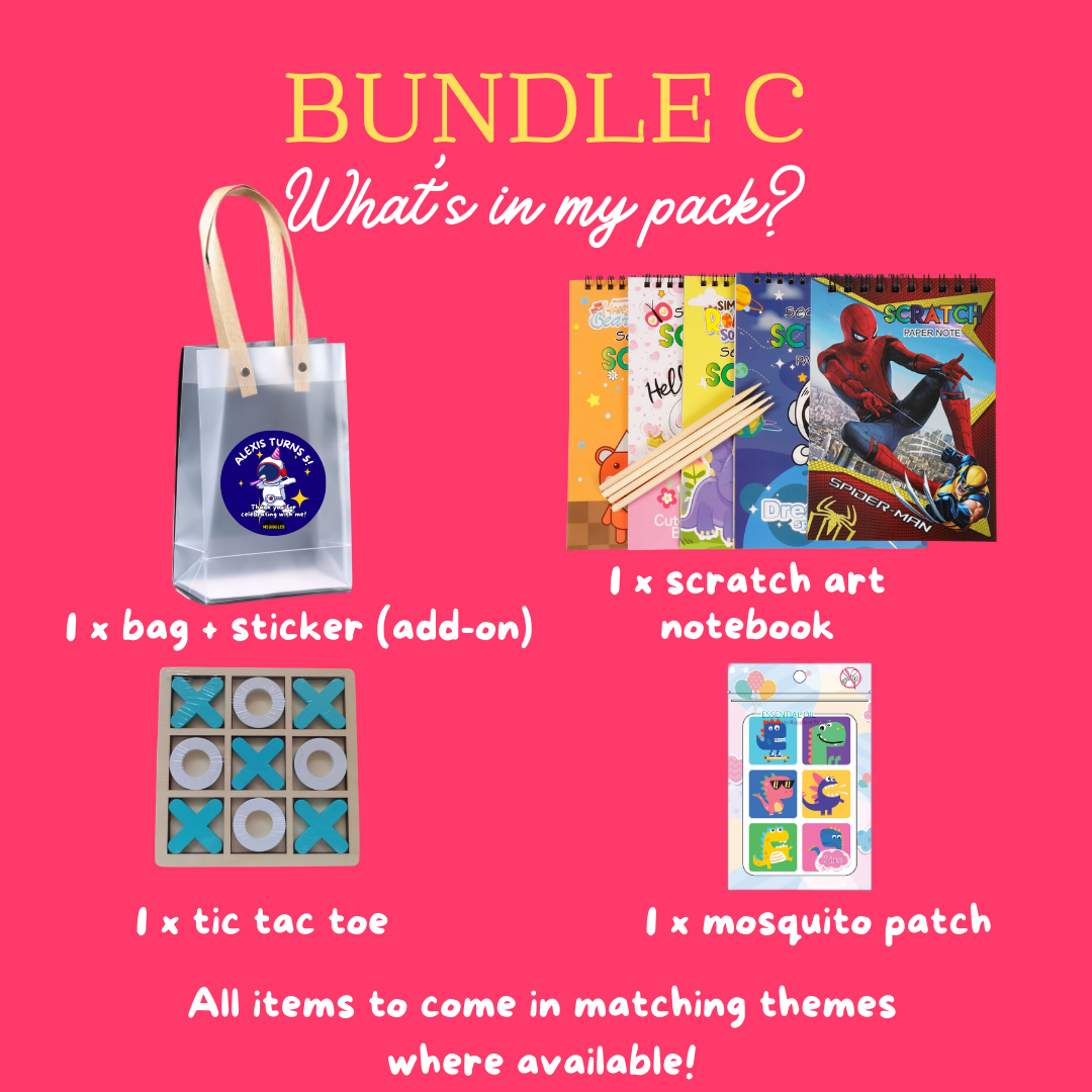 Scratch Art Party Pack with scratch art notebook, tic tac toe game, mosquito patch, and personalized sticker bag in themed bundle C