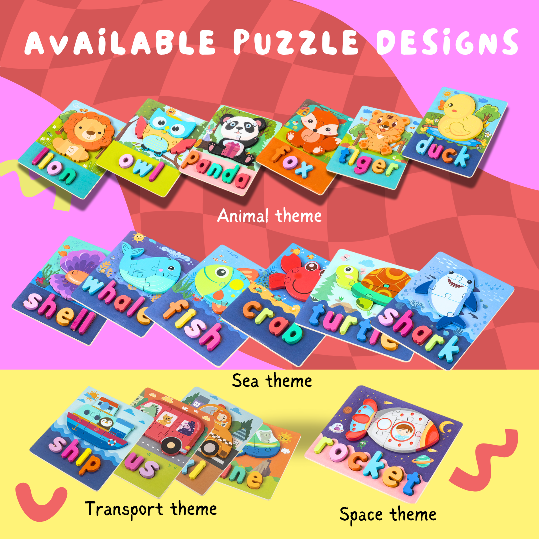 Montessori Puzzle Party Pack with animal, sea, transport, and space themed wooden puzzles for kids