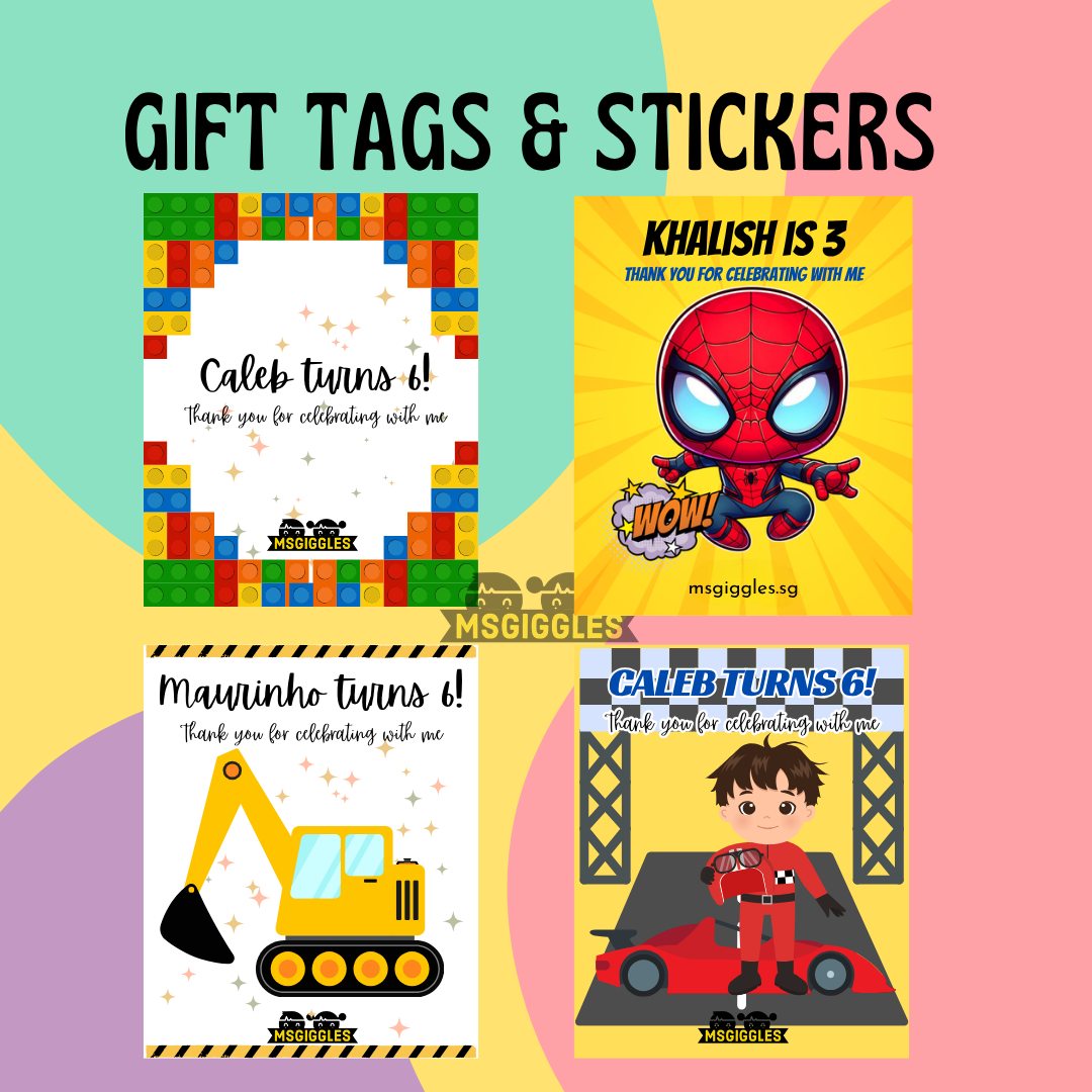 Gift tags and stickers with customizable messages and colorful designs.